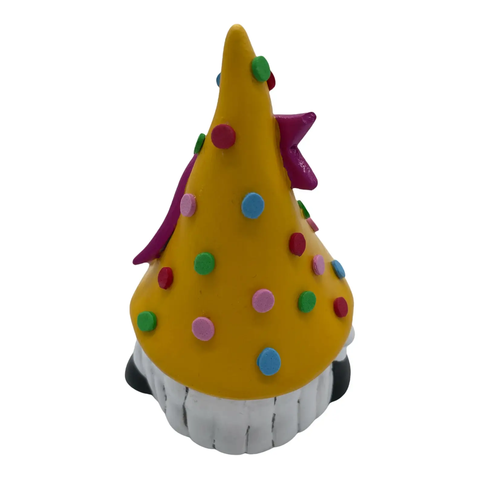 Birthday Gnome for April, wearing yellow hat with multi-colored dots has a pink banner that says April in yellow writing, Front