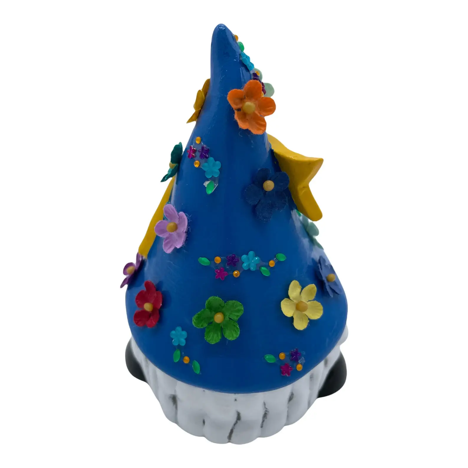 Birthday Gnome for May, wearing blue hat with the word May on a yellow banner, with flowers and gems, Back