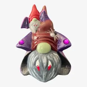 Vampire Gnome with silver spider and small gnome bat on hat, with purple cape, gemstones, bloody fangs, outdoor halloween decor