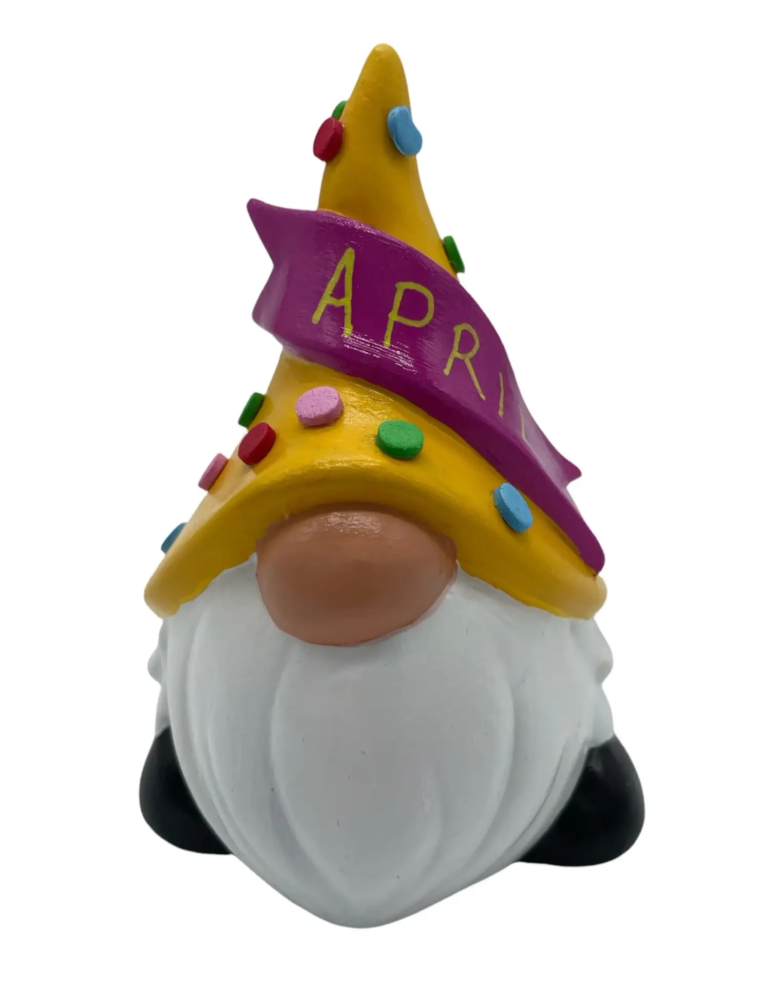 Birthday Gnome for April, wearing yellow hat with multi-colored dots has a pink banner that says April in yellow writing, Front