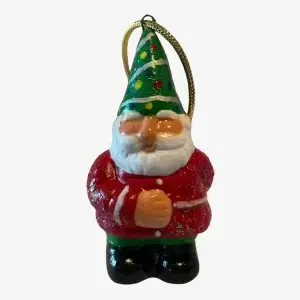 Gnome Christmas Ornament with gold hanging cord, Red Coat, Green Pants, and Green Hat decorated like a Christmas tree, front