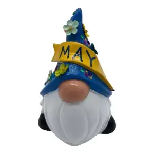 Birthday Gnome for May, wearing blue hat with the word May on a yellow banner, with flowers and gems, Front