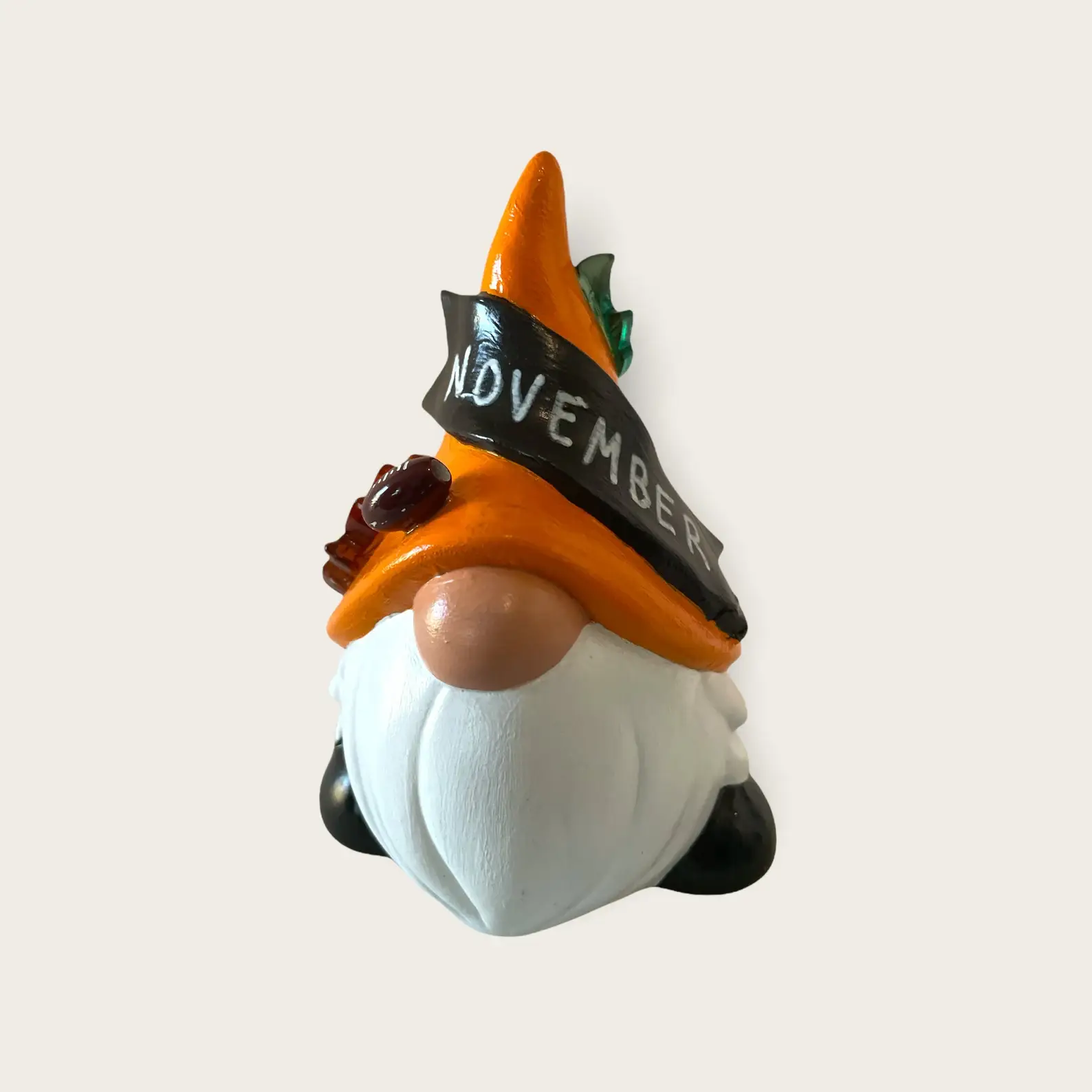 Birthday Gnome for November with Orange hat and leaf accessories, Front