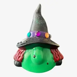 Green Garden Gnome Head with Wicked Witch Features, Black Hat with colorful gems, red wavy hair, Halloween Decor, Front