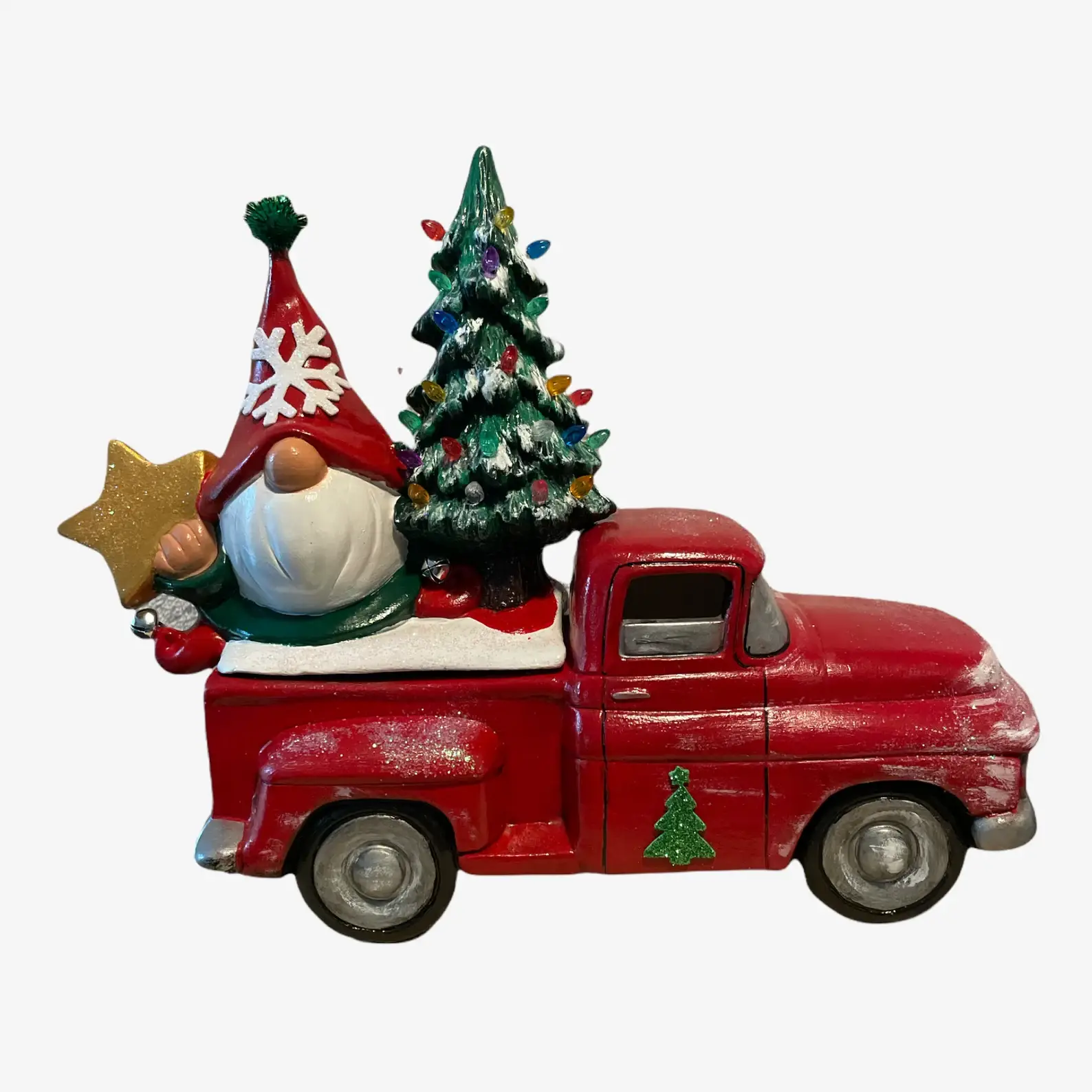 Ceramic Painted Pickup Truck with Gnome holding a Christmas tree in bed of Truck and a golden star, wearing a red hat, Right