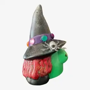 Green Garden Gnome Head with Wicked Witch Features, Black Hat with colorful gems, red wavy hair, Halloween Decor, Right