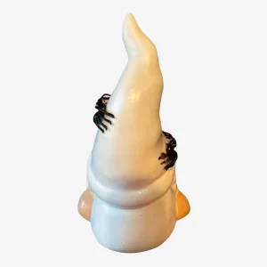 Ghost Gnome with black spiders and the word 'Boo' on cream colored hat, with ghost face, outdoor halloween decor, Back