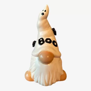 Ghost Gnome with black spiders and the word 'Boo' on cream colored hat, with ghost face, outdoor halloween decor