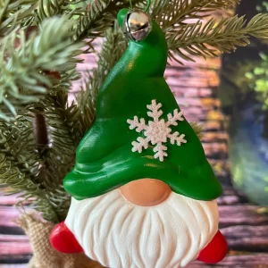 Gnome Christmas Ornament, Red Shoes, Green Hat, with a snowflake on it, Front On Tree