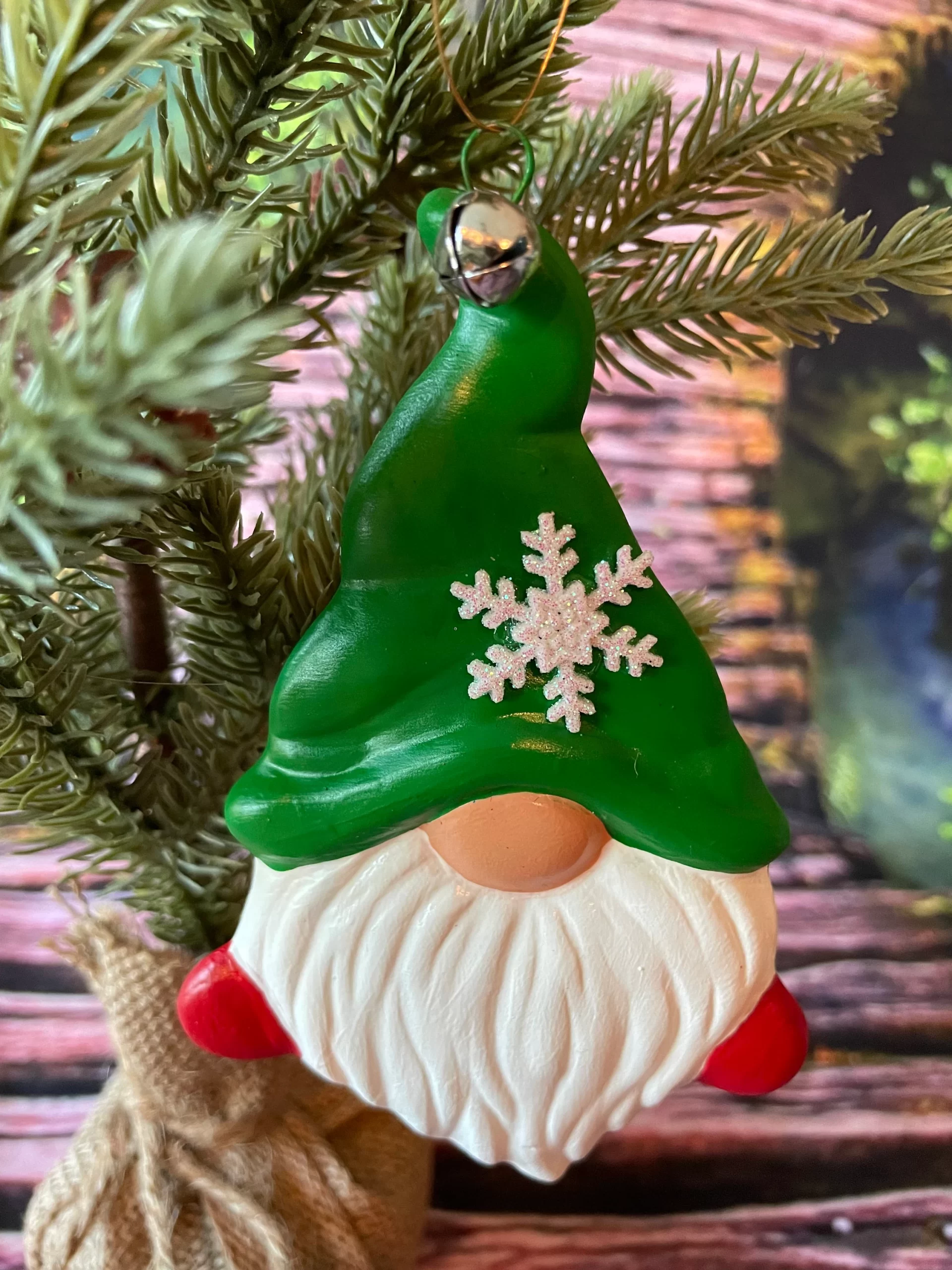 Gnome Christmas Ornament, Red Shoes, Green Hat, with a snowflake on it, Front On Tree