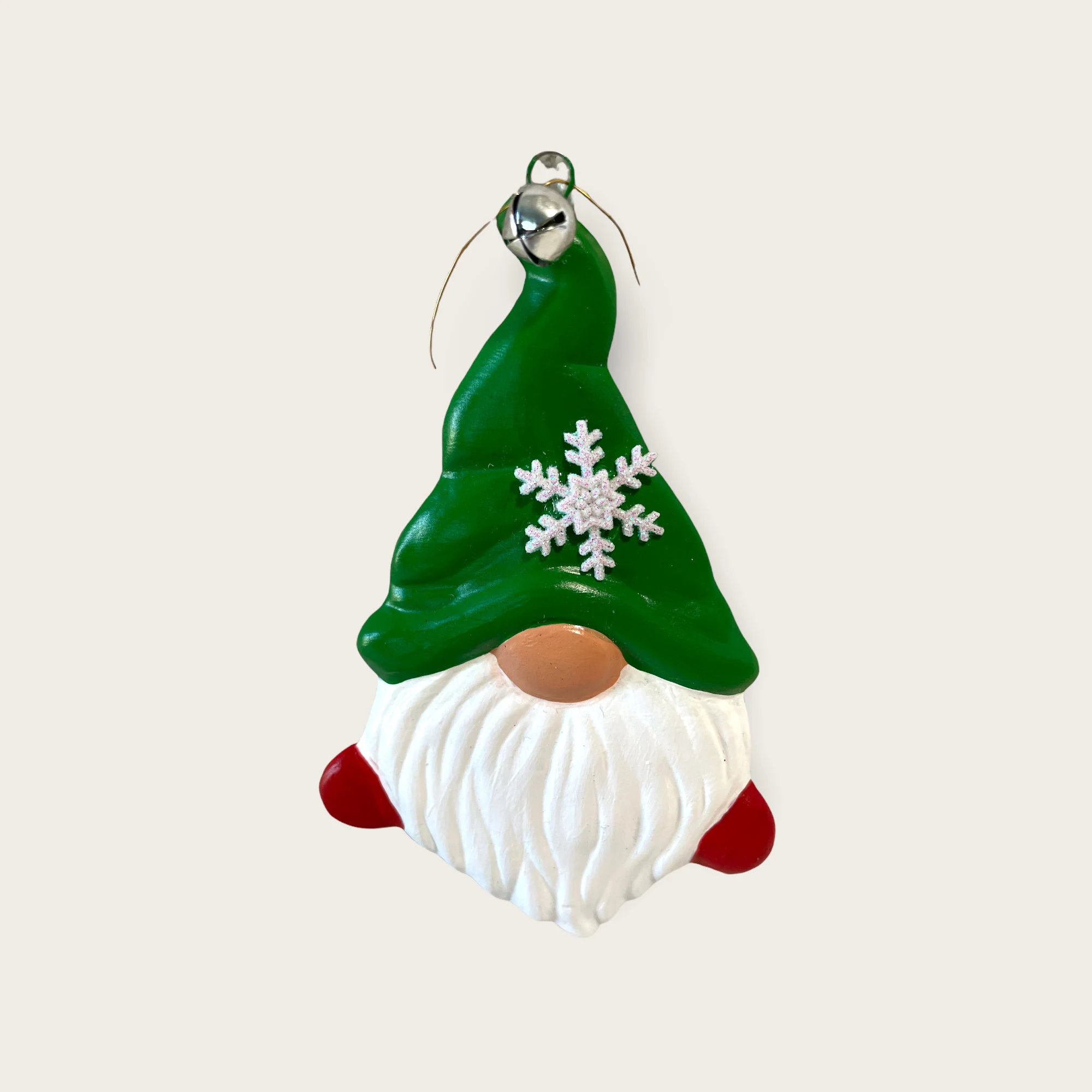 Gnome Christmas Ornament, Red Shoes, Green Hat, with a snowflake on it, front